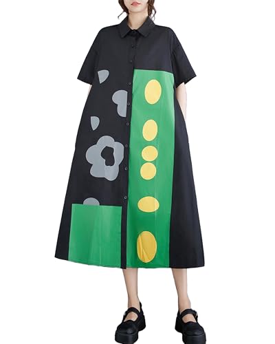 ellazhu Women's Dress Loose Color Block Short Sleeve Button Down Mock Neck Shirt Dots Flower GZ211