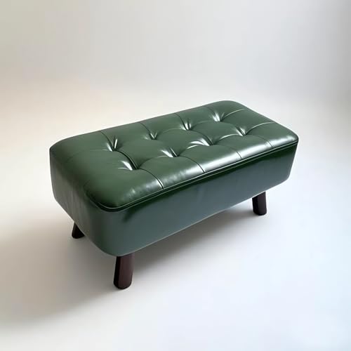 Ottoman Bench with Wooden Legs, Faux Leather Upholstered Footstool, 61x31x27cm, Tufted Design A877 (Green)
