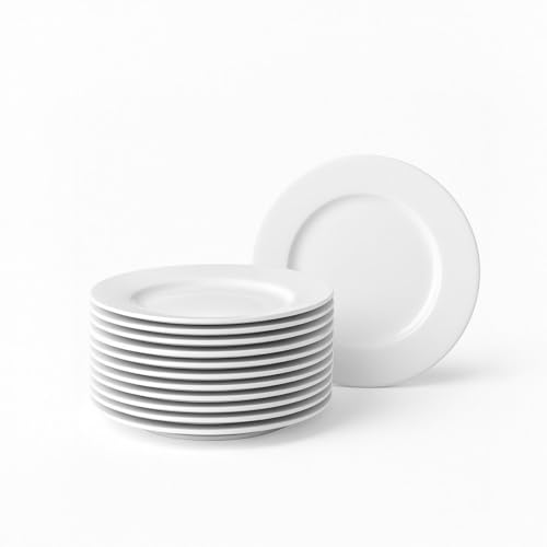 CasaSelección 12 Platos de Postre de Porcelana Blanca - Juego de 12, Diseño Redondo, 19 cm, Aptos para Lavavajillas y Microondas, Color Blanco