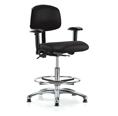 Image of Perch Chrome Stationary Multi-Task Office Chair with Adjustable Armrests and Foot Ring | Medium Bench Height 20-27 inch | Black Vinyl