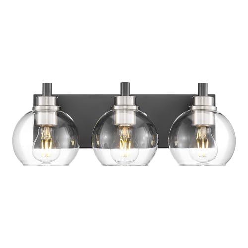 Image of Bathroom Light Fixtures, 3-Light Black and Brushed Nickel Bathroom Vanity Light, Modern Wall Sconces with Globe Clear Glass Shade, Vanity Lighting Fixtures Over Mirror, VL195-KN-3