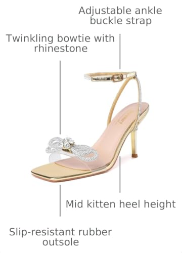 Image of Susanny Women's Closed Toe Rhinstone Wedding Low Heel Slingback Clear Kitten Heels,Adjustable Strap Pointed Toe Bow Pumps High Heeled Prom Dress Shoes