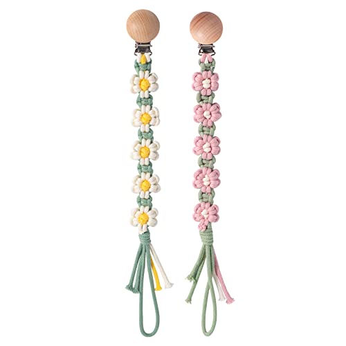 Image of Symbolife Pacifier Clip for Boys Girls Floral Daisy Macrame Paci Clip Pacifier Holder Leash Boho Wooden Clips Handmade Braided Cotton Unisex Baby Shower Birthday Gift