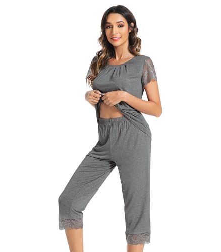 WiWi Viscose from Bamboo Pajamas for Women Short Sleeve Tops with Capri Pants Pjs Set Super Soft Sleepwear Cooling Loungewear S-XXL, Dark Heather Grey, Large