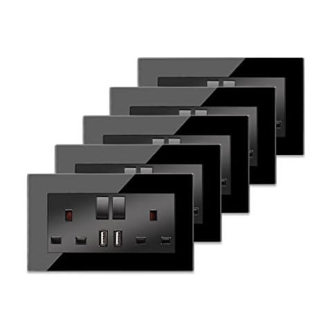5 Pack CNBINGO Double Switched Socket with 2 USB Charging Ports, Black Crystal Glass Panel Wall Outlet, 2 Gang 13 Amp Electric Power Socket Cover