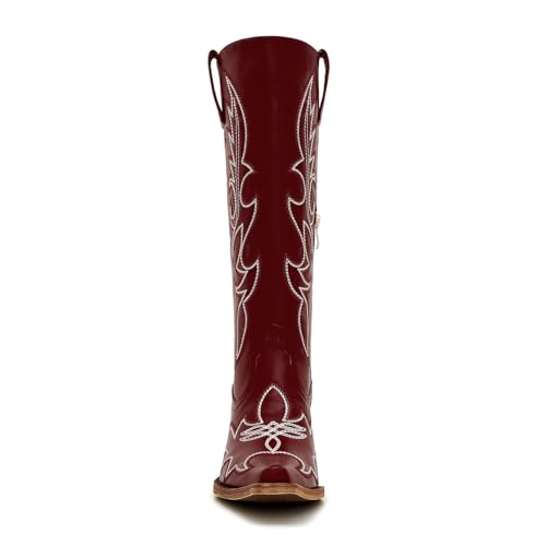 Image of Uillnoodu Women's Turquoise Cowgirl Boots - Wide Calf Mid Calf Western Boots Plus Size Embroidered Cowboy Style with Block Heel
