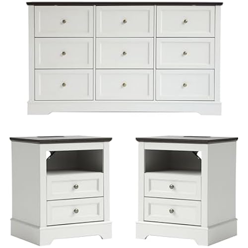 KIGOTY Farmhouse Bedroom Set, 3 Pcs Dresser and Nightstand Sets, 9 Drawer Dresser & 2 Drawer Nightstand Set with Charging Station,Rustic Wood Bedroom Furniture Set for Home