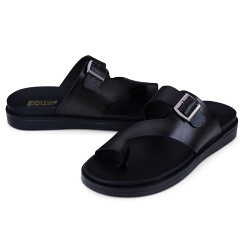Image of DOCTOR EXTRA SOFT Men's Classic Casual Original Leather Thong Black /Brown Sandals /Chappals with Memory Foam Cushion| Stylish & Non-Slip|Comfortable | Lightweight |Flip flops Slippers Gents & Boys F-1
