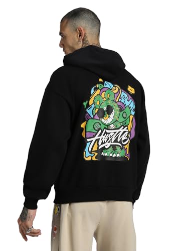 Image of Veirdo Cotton Fleece Oversized Fit Black, Grey, Green, Blue & Orange Cool & Aesthetic Hustle Monster Graphic Printed Full Sleeve Hoodie for Men