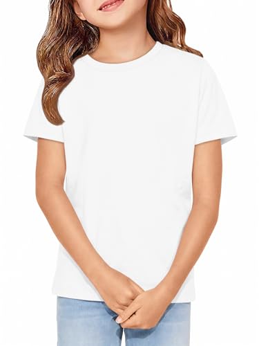 ZDC Girls Short Sleeve Shirts Kids Crewneck Soft T-Shirts Summer Tees 5-14 Years White