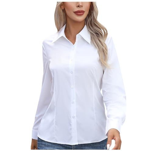 Ladies White Blouse Long Sleeve Button Down Shirts for Women Plain Basic Elegant Collar Blouse Tops Classic Fit Dress Shirt for Work Office Business