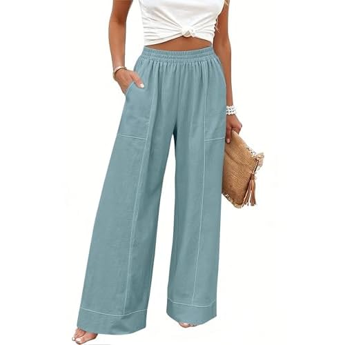 Rapbin Womens Elastic Waist Palazzo Pants Casual Wide Leg Pant Baggy Lounge Trousers with Pockets