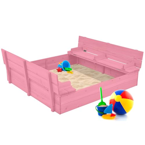 Image of Best Choice Products Large Outdoor Wooden Sand Box for Kids, Sandbox with Cover, Bench Seats Support up to 220 lbs, Bottom Liner for Drainage, Cedar Wood - Pink