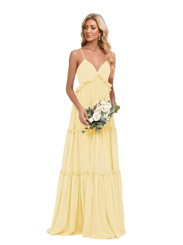 Tiered Bridesmaid Dresses Long for Women V Neck Sexy Halter Spaghetti Straps Chiffon Formal Dress IK076