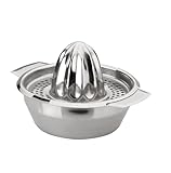Zitruspresse aus Edelstahl, 10 cm Durchmesser, kompaktes Design, leicht zu reinigen, ideal für frische Zitrusfrüchte und Säfte.