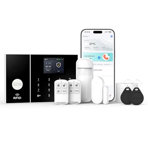 Drahtloses alarmanlage Wohnung,GSM/WiFi komplettes alarmsystem mit 120-dB-Alarmsirene, intelligenter Fernbedienung, LCD-Display, Sprachansage, Sicherheit für Zuhause, Büro