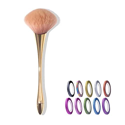 Acrylic Nail Brush Set, Practical Kit for Nail Art, Long Handle Nail Dust Brush + 10 Rolls 1mm Nail Art Striping Tape Line, Gold