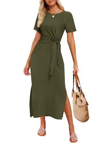 Image of ZESICA Women's Summer Short Sleeve Bodycon Midi Dresses 2025 Casual Crewneck Knit Wrap Tie Waist T Shirt Long Dress, Army Green, L