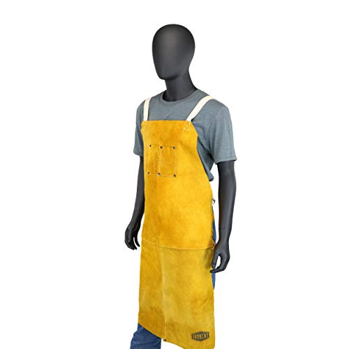 IRONCAT 7010 Split Cowhide Leather Bib Apron - 24 in. x 42 in. Heat Resistant Safety Wear in Golden Yellow for Welding. Safety Apparel