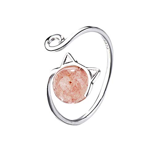 Nmch Girls Cute Strawberry Crystal Cat Opening Adjustable Rings for Women Fashion Creative Jewelry(Pink,Adjustable)