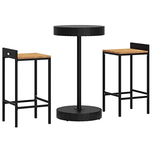 vidaXL Gartenbar Set 3-TLG., Gartenmöbel Bartisch 2 Barstühle, Stehtisch Barhocker für Garten, Sitzgruppe Gartenset, Schwarz Poly Rattan Massivholz Akazie