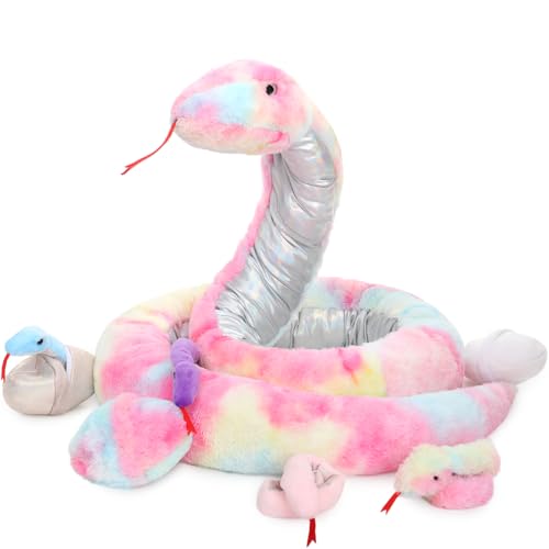 MorisMos Giant Snake Stuffed Animal Mommy with Babies, Realistic Stuffed Snakes Plush Toy, Long Boa Constrictor for Kids, Girls, Boys, Halloween, Pink, 120in