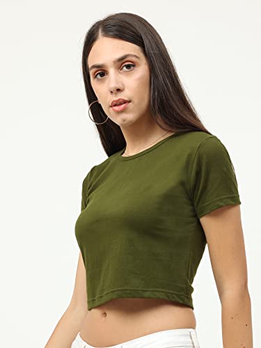 Image of FLEXIMAA Women's Cotton Plain Round Neck Half Sleeve Crop Top