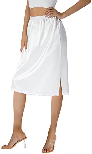 Edhomenn Women's Satin Half Slips Solid Color Long Underskirt Elastic Waist Inner Lining Midi Skirt Y2k Ladies Petticoats Under Dresses