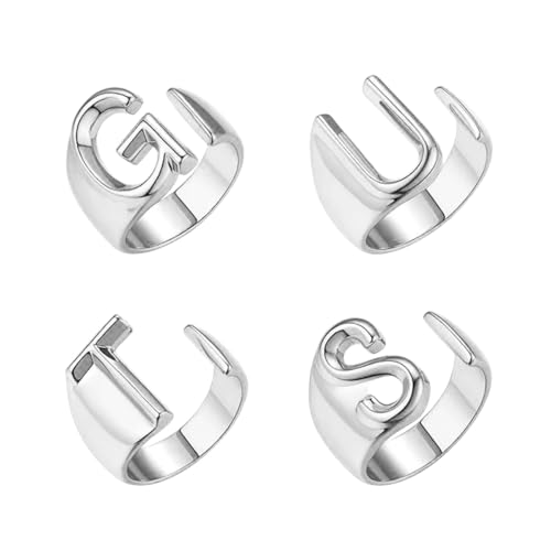 TARENMAEIT 4 Pcs Silver Plated Letter G U T S Ring Set Fashion Adjustable Guts Rings For Women Fans Gifts