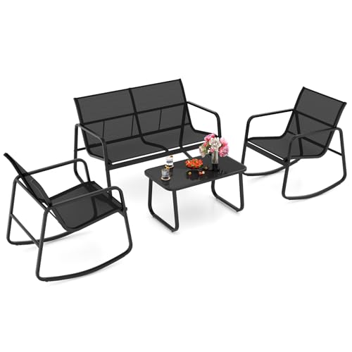 HAPPYGRILL 4 Pieces Patio Rocking Set, Porch Furniture Set with Loveseat, 2 Rocking Chairs & Glass-Top Coffee Table, Outdoor Rocker Chair Conversation Set for Balcony, Poolside, Garden, Backyard