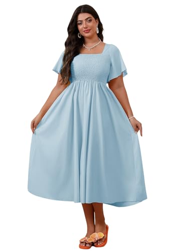 Image of Floerns Women's Plus Size Floral Square Neck Flounce Short Sleeve A Line Maxi Dress