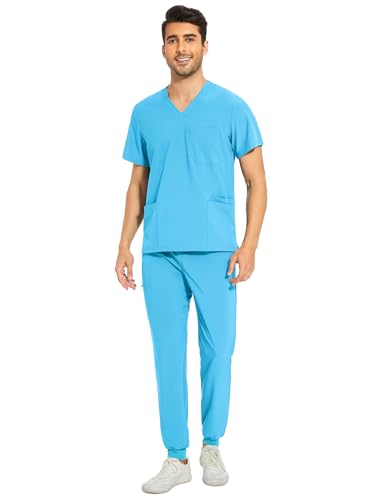 COZYFIT Men Scrubs Set Stretch V-Neck Scrub Top & Jogger Pant with 8 Pockets Yoga Waistband Anti-Wrinkle Scrubs for Men - Aqua Blue 4XL Tall
