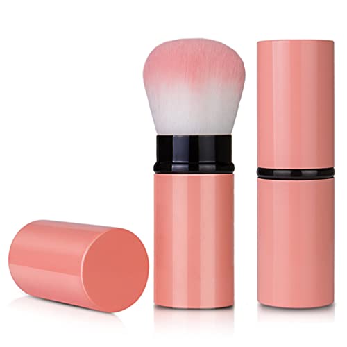 RN BEAUTY Retractable Kabuki Brushes Foundation Powder Blush Brush Extensible Makeup Brush Face Blender Brush Professional Mineral Blending Brush Aluminum Case Portable With Cover (Round Top, Pink)