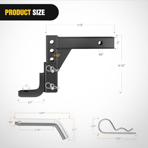 Image of Nilight 8-Position Adjustable Trailer Hitch Ball Mount Fits 2 Inch Receiver with 5 /8 inch Pin Lock 7500 lbs 9-1 /2 inch Drop 8-1 /4 inch Rise 1 inch Hole Hitch for Trailers Boats Pickups RV