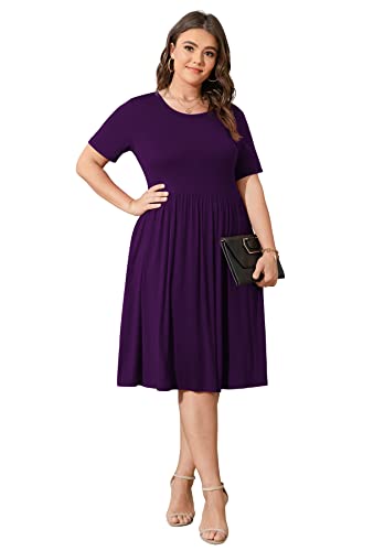 Image of POSESHE Womens Plus Size Summer Dress 2026 Casual Short Sleeve Empire Waist Loose Fit Swing T-Shirt Dress with Pockets