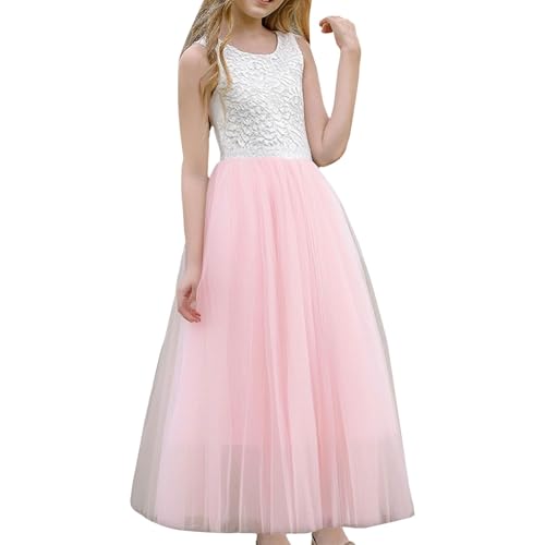 Vestido de flores para niñas, de encaje, tul, sin mangas, para boda, dama de honor, formal, fiesta de cumpleaños, vestido largo de princesa, concurso, noche, rosa, 12-13 años