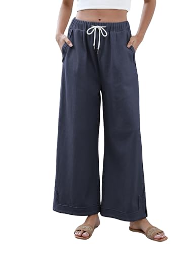 Image of Athlisan Womens Baggy Wide Leg Palazzo Pants Casual Loose Drawstring Elastic Waisted Lounge Trousers with Pockets