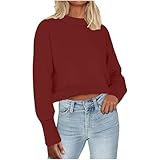 Ekiregaii Sudaderas para mujer sin capucha, recortadas, de manga larga, color liso, cuello redondo, acogedoras, sin botones, básicas, blusas tipo túnica, camisas Y2K, ropa urbana elegante, 01 A# Vino,