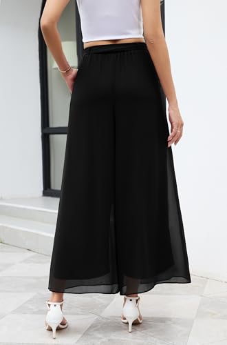 WANGZHI Women's Wide Leg Chiffon Dress Pant Elegant Party Elastic Waist Trouser with Pockets4