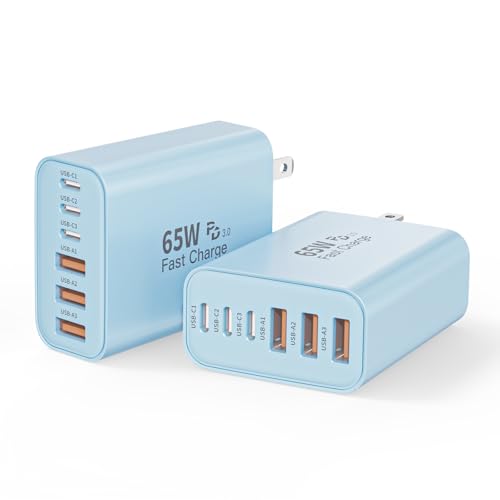 Image of 2Pack 65W USB C Charger Block,6-Port Apple USB C Wall Charger Fast Charging | PD Type C Plug Adapter+QC Plug Compatible with iPhone 17 17Air 16E 16Pro Max 16 15 14 13 12 11 XS Max, iPad Pro,AirPods,Blue