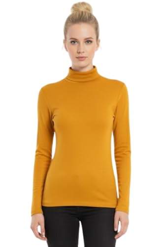 Image of STAR FASHION Womens Polo Neck Jumper Tops Long Sleeve Ladies Roll Turtle Neck Plain Knitted Pullover Sweatshirt for Ladies Stretch Lightweight Sweater Top Mustard 12-14