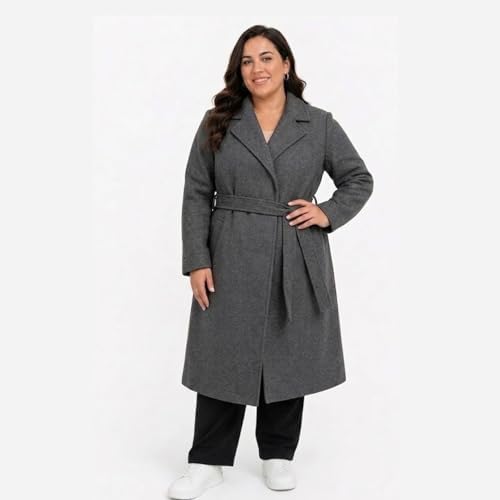 Sobretudo Plus Size Lã Batida Longo com Cinto, Elegante, Sbtpl-009