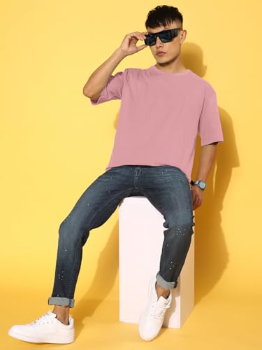Image of Veirdo Oversized Baggy Fit Drop Shoulder Half Sleeves Round Neck Solid Pure 100% Cotton T-Shirt for Men (Available in White, Black, Mustard, Maroon, Green, Lilac, Navy, Red Color)