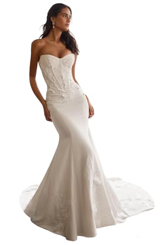 Lace Appliques Mermaid Wedding Dresses for Women Bride Floor Length Strapless Corset Bridal Gown with Sweep Train Ivory Us12