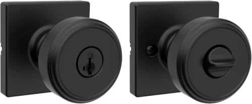 Image of Kwikset Maven Entry Door Knob with Lock and Key, Secure Keyed Handle Exterior, Square Front Entrance and Bedroom, Matte Black, Pick Resistant SmartKey Rekey Security and Microban (Pack of 10)