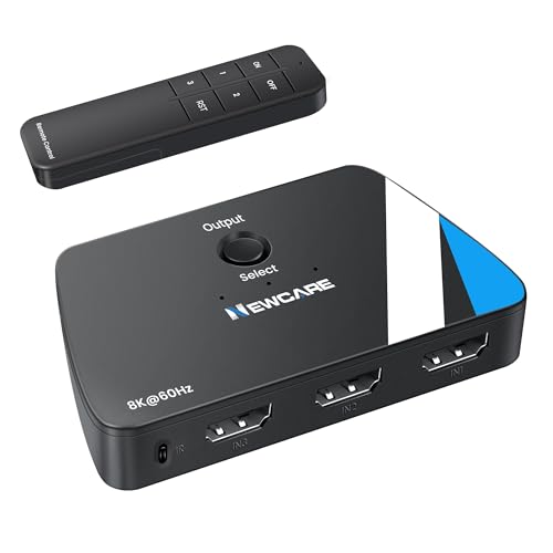 NEWCARE 8K HDMI Switch 3 in 1 Out, HDMI 2.1 Switch with Remote, HDMI Splitter 4K@120Hz Support 8K@60Hz HDCP2.3 HDR10+ VRR ALLM Dolby, HDMI Switcher Compatible with TV PS5/4 Xbox Laptops PC Projector