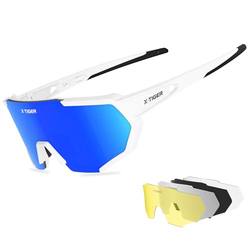 X-TIGER Fietsbril, sportbril voor heren en dames, UV400 met 5 verwisselbare glazen, sterk TR90-frame, met monteerbare brilband en oorhaak, voor outdoorsport, fietsen, hardlopen, autorijden, vissen