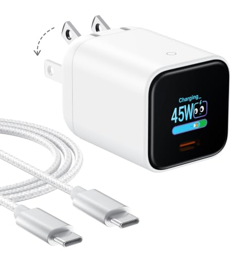 xiwxi Smart Display Charger, 45W Max GaN USB-C Charger Block with 6.6ft Braided Fast Charging Cable, 90° Foldable Plug, Real-Time Power Display,Smart Device Recognition,Care Mode, for iPhone 17/16/15