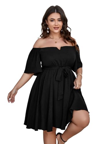 SCOMCHIC Womens Plus Size Cocktail Dress Summer Off Shoulder Short Sleeve Flowy Ruffle A-Line Cute Mini Dress with Belt4