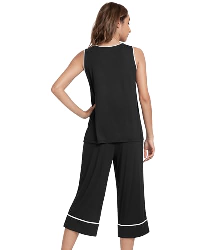 Image of NACHILA Pajamas Set for Women-Viscose Made from Bamboo, Tank Top with Capri Pants Pajama Cool Sleepwear Sleeveless Pjs